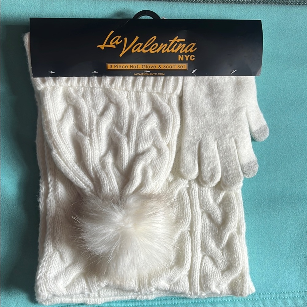 La Valentina White Knit Hat, Glove, and Scarf Set